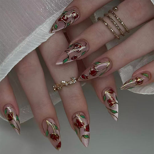 Artificial nails with floral decorations Bowlift
