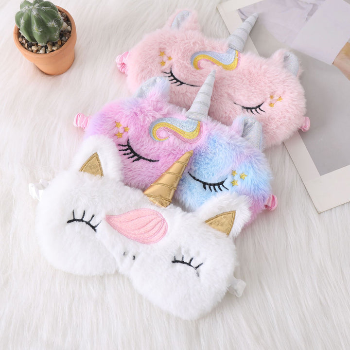 Ladies nan cozy unicorn sleep mask with embroidered eyelashes, soft plush and elastic ruffled ribbon Bowlift
