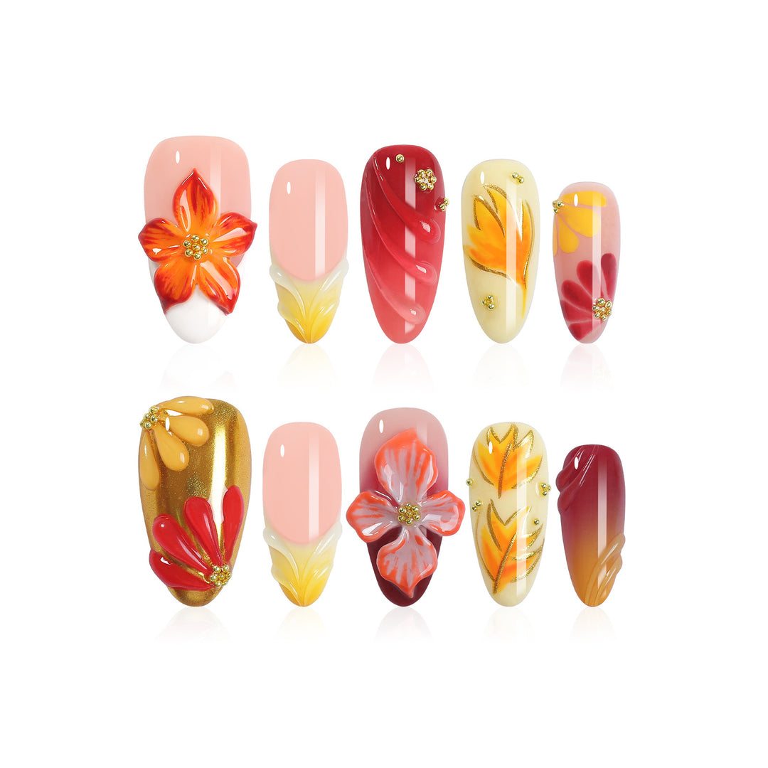 Artificial Nail Set with Floral Designs and Glamorous Decorations Bowlift