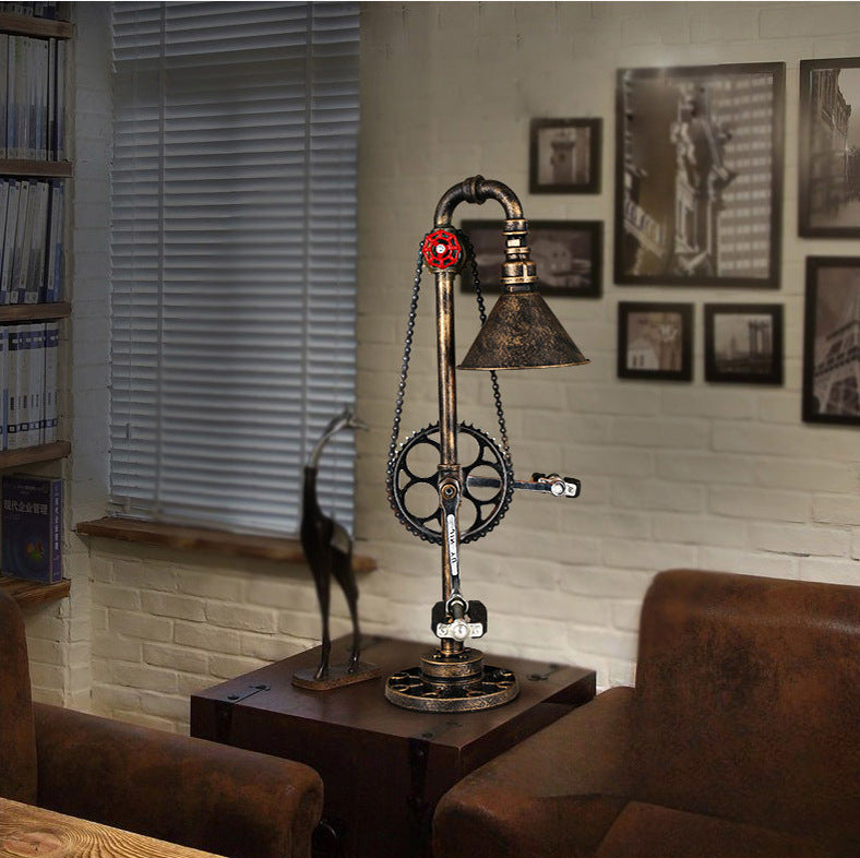 Industrial Steampunk Bicycle Gear Table Lamp with Upcycled Chain and Pedal Accent Bowlift