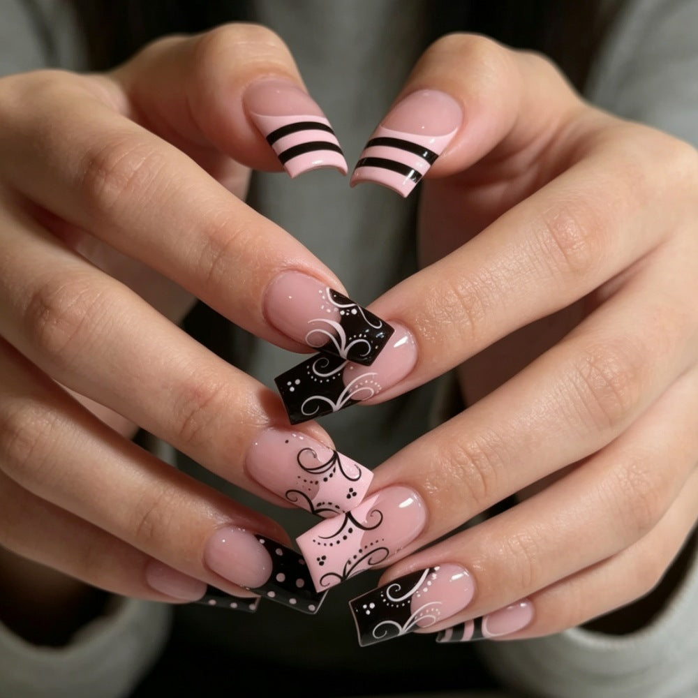 Artistic Long Square Press-On Nails with Whimsical Patterns Bowlift
