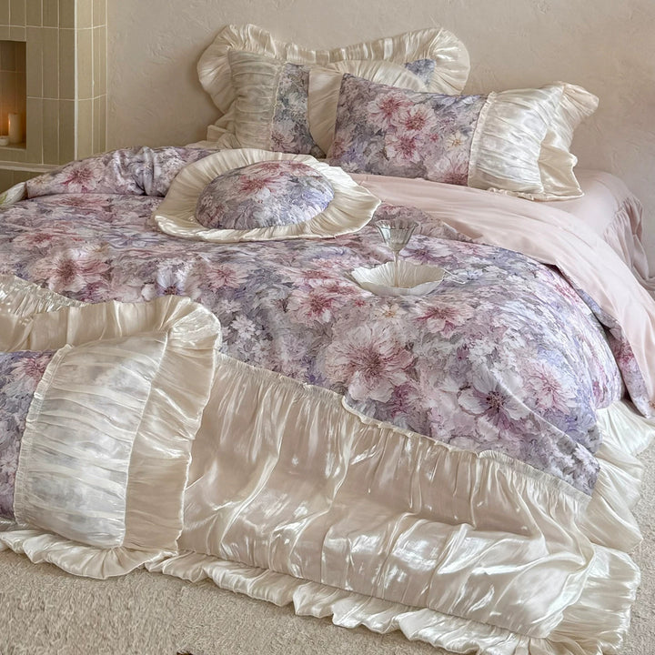Floral Satin-Ruffled Duvet Cover & Decorative Sham Set