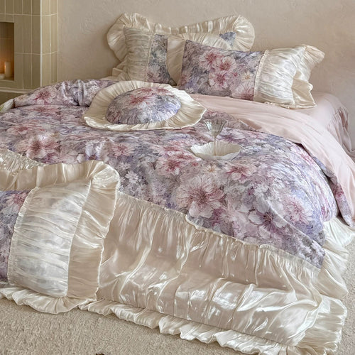 Floral Satin-Ruffled Duvet Cover & Decorative Sham Set