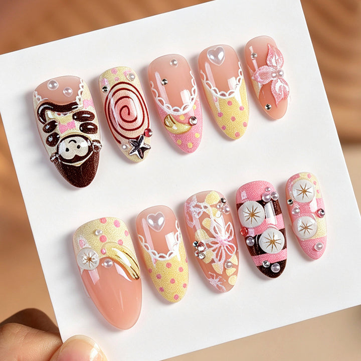 Artificial nail set with cute animal and dessert design Bowlift