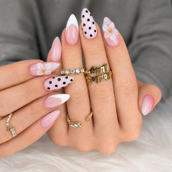 Premium Nail Design with Dots and Flowers Bowlift