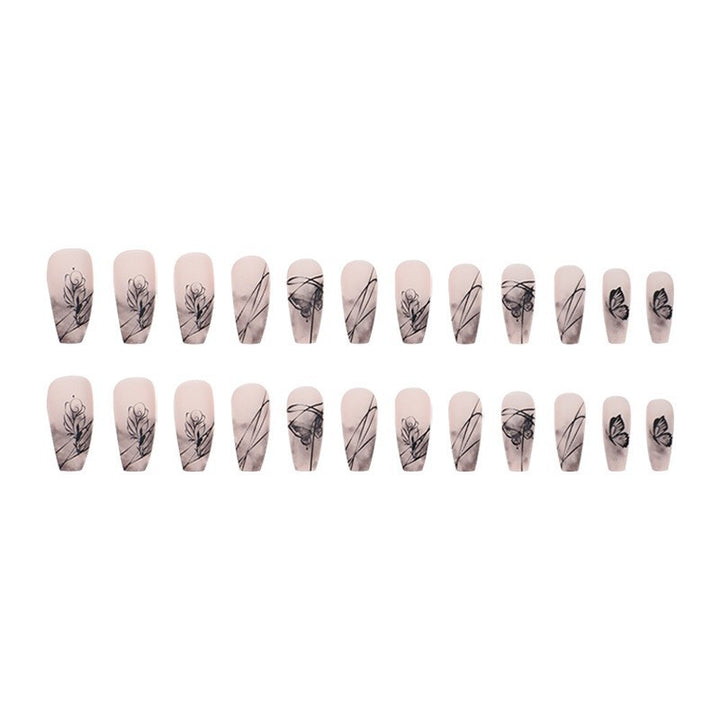 Artificial nail set with elegant flower design and delicate butterfly motifs Bowlift