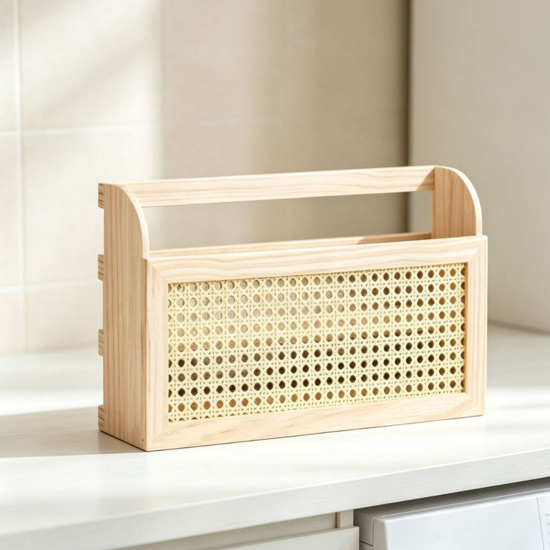 Stylish storage box made of wood and rattan Bowlift