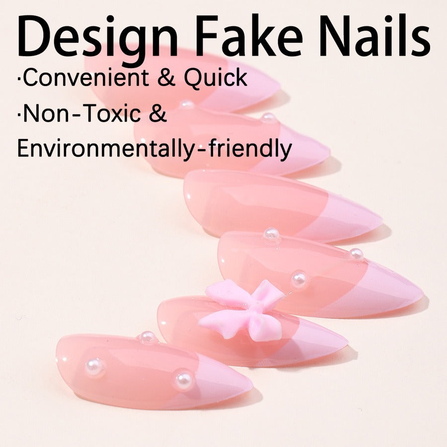 Artificial nail set with delicate bow and glitter accents Bowlift