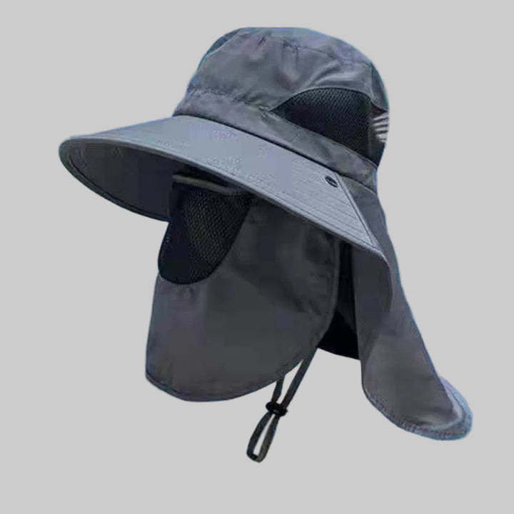 Non-ventilated sun hat with removable fan, neck protection, and adjustable chin strap Bowlift