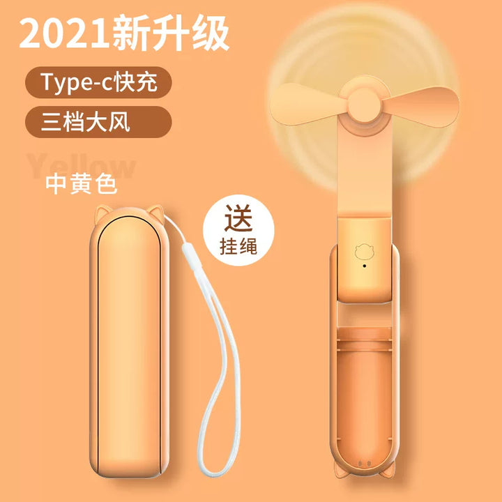 Unisex One Size foldable rechargeable triple handheld mini fan with integrated power bank USB-C and USB-A connections as well as wrist strap Bowlift
