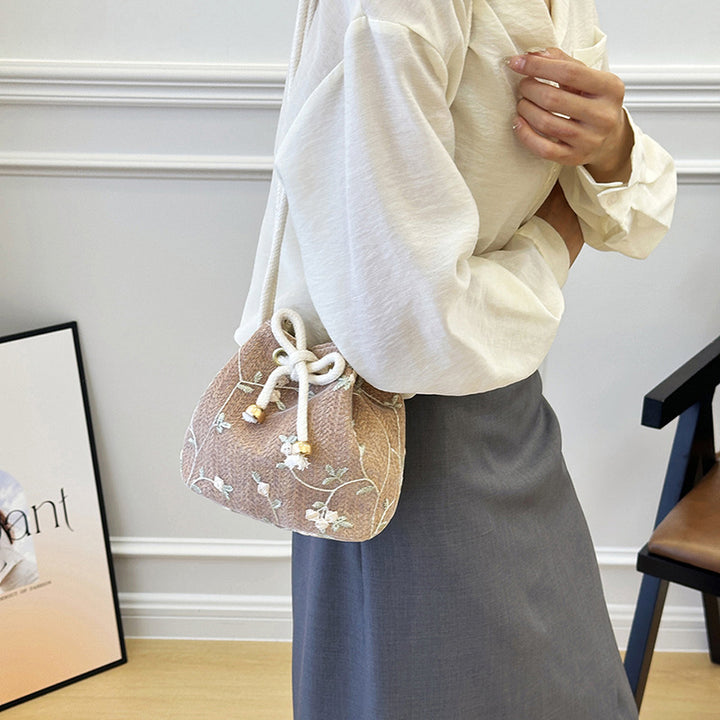 Embroidered Drawstring Bucket Bag Bowlift