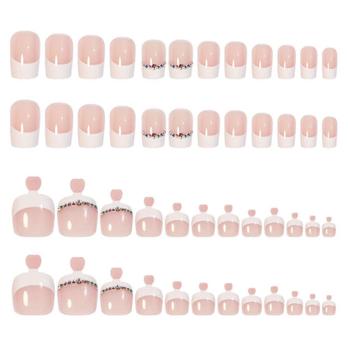 Acrylic nail set with elegant French design and rhinestone embellishments Bowlift