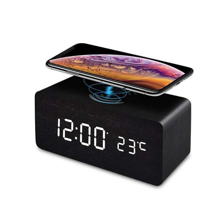 Wooden LED Alarm Clock with Wireless Qi Charging and Indoor Temperature Display Bowlift