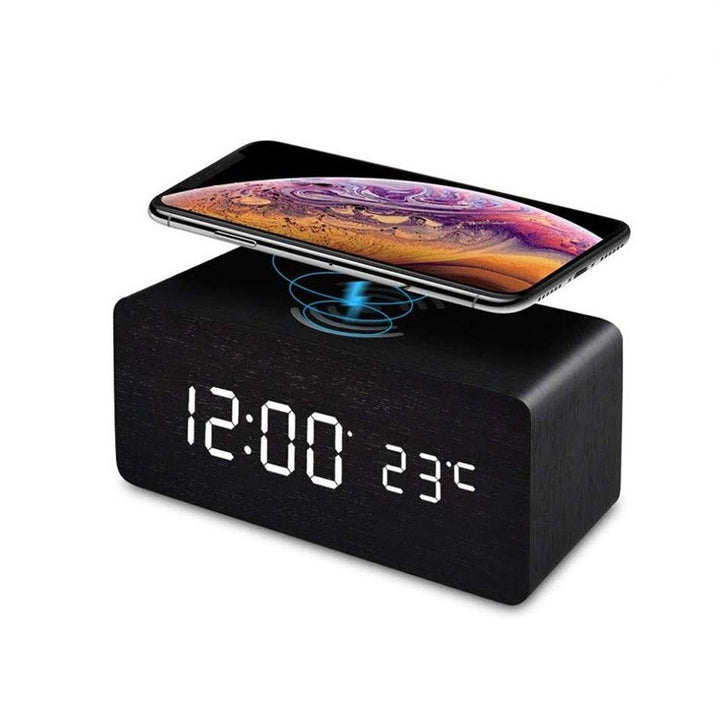 Wooden LED Alarm Clock with Wireless Qi Charging and Indoor Temperature Display Bowlift