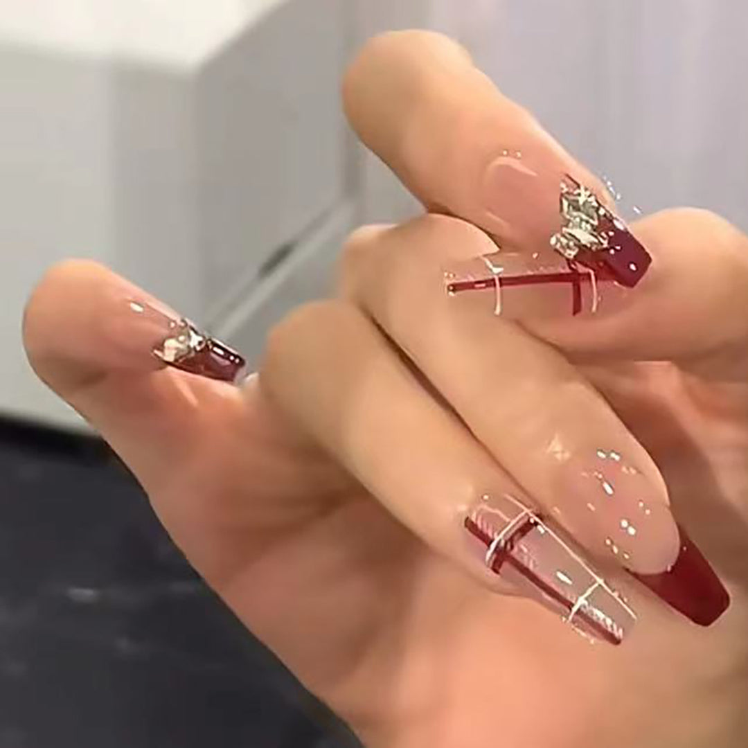 Decorative Press-On Nails with Rhinestone and Geometric Design Bowlift