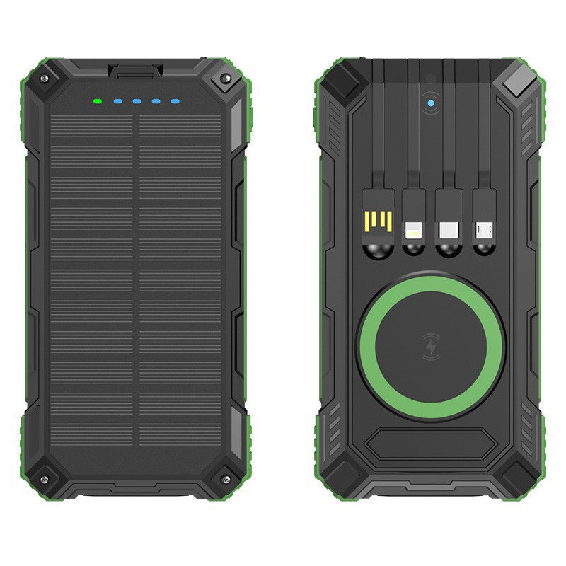 Robust Solar Power Bank with Multifunctional Charging Cable and Integrated Qi Charger Bowlift