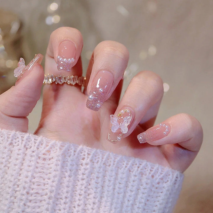 Premium Decorative Press-On Nail Set with Butterfly Accents Bowlift