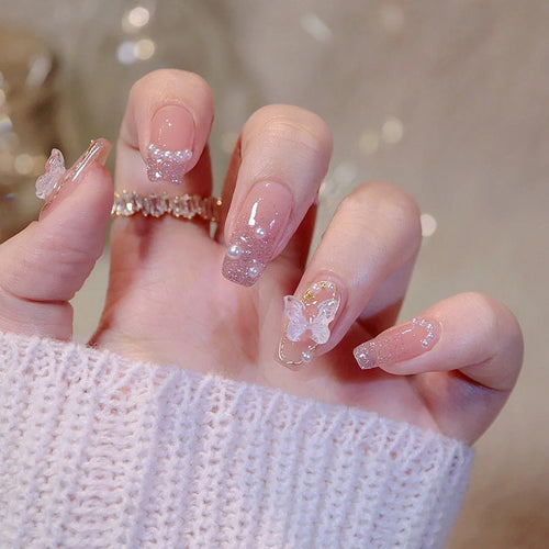 Premium Decorative Press-On Nail Set with Butterfly Accents Bowlift