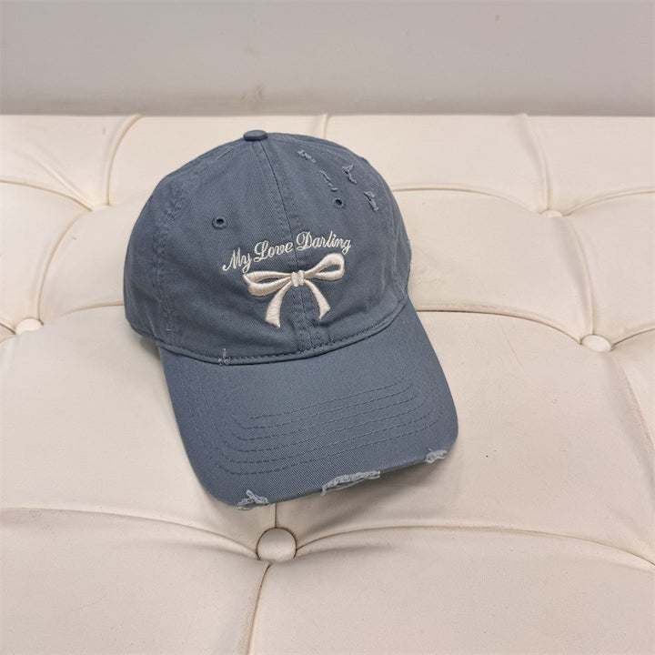 Women's Distressed Cotton Baseball Cap with Bow Embroidery Bowlift