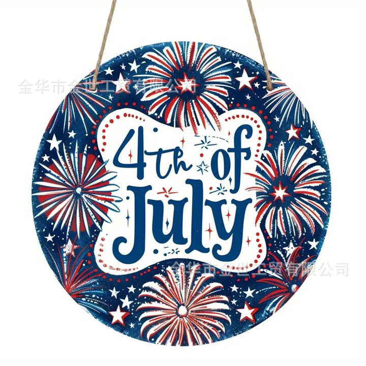 Independence Day rustic round wooden patriotic cross wall plaque with floral accents and God Bless America banner Bowlift