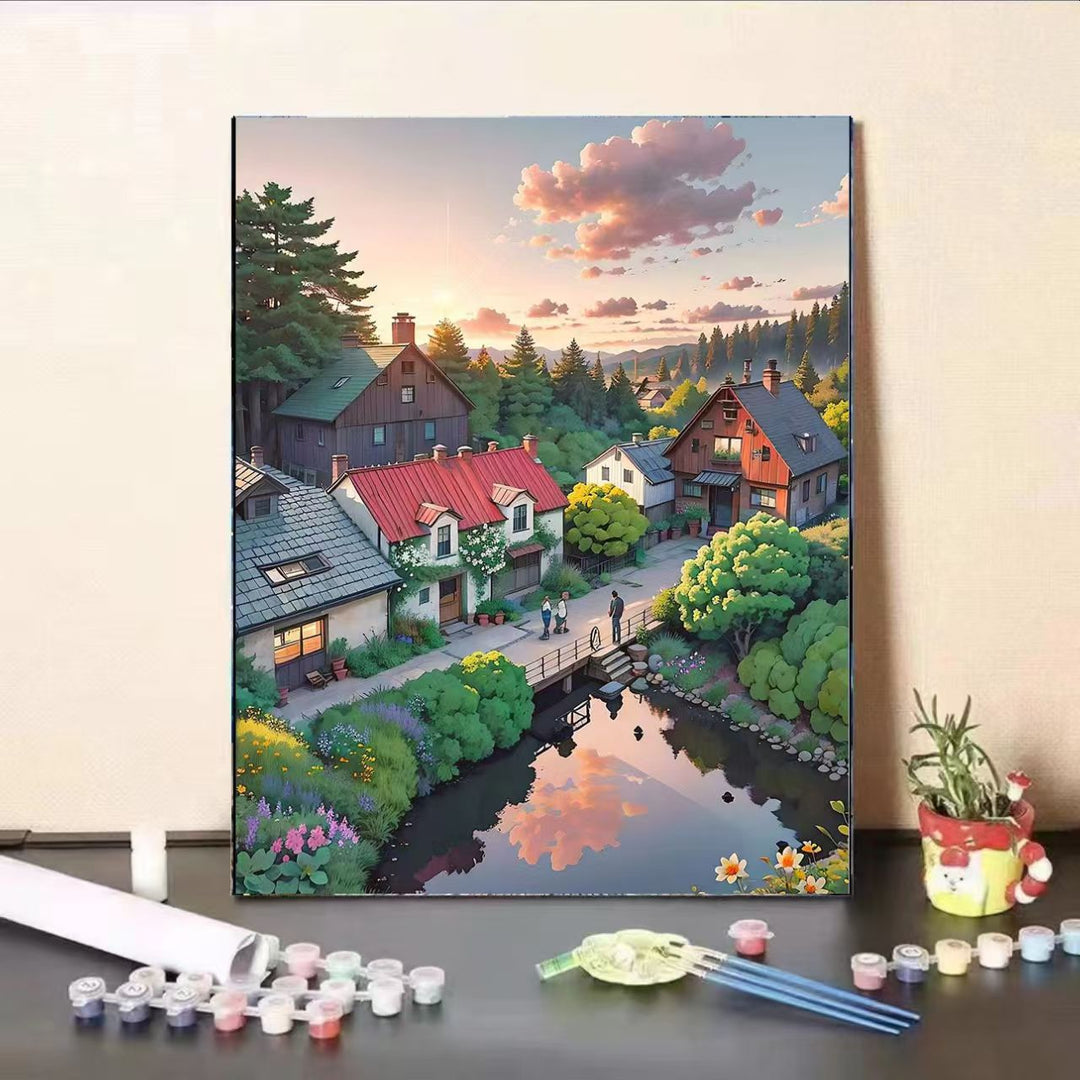 Scenic Village Landscape Paint by Numbers Kit Bowlift