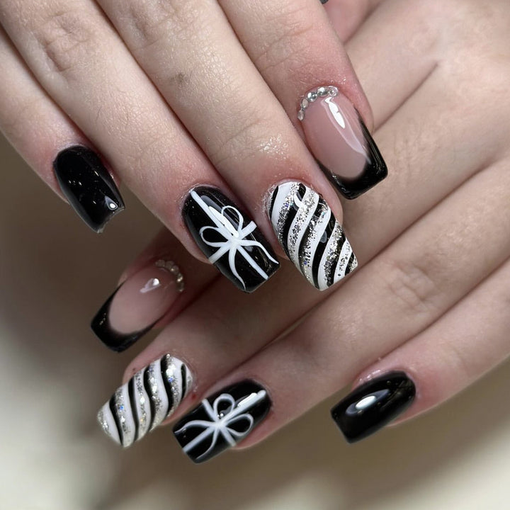 Elegant Black and White Artistic Nail Art Extensions Bowlift