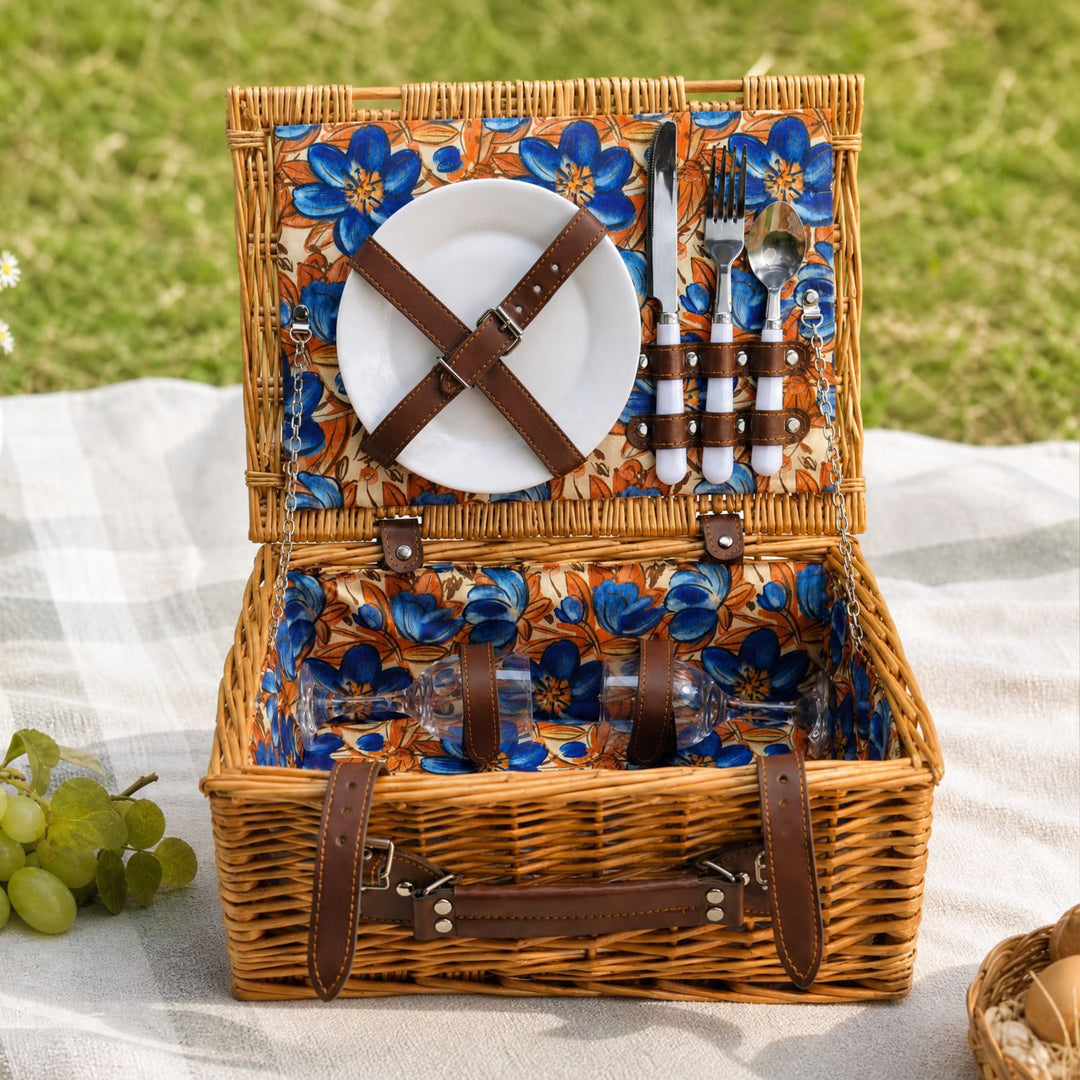 Ladies Luxury Picnic Basket with Offset Dish Compartment and Floral Lining Bowlift