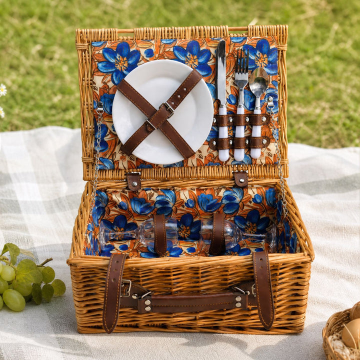 Ladies Luxury Picnic Basket with Offset Dish Compartment and Floral Lining Bowlift