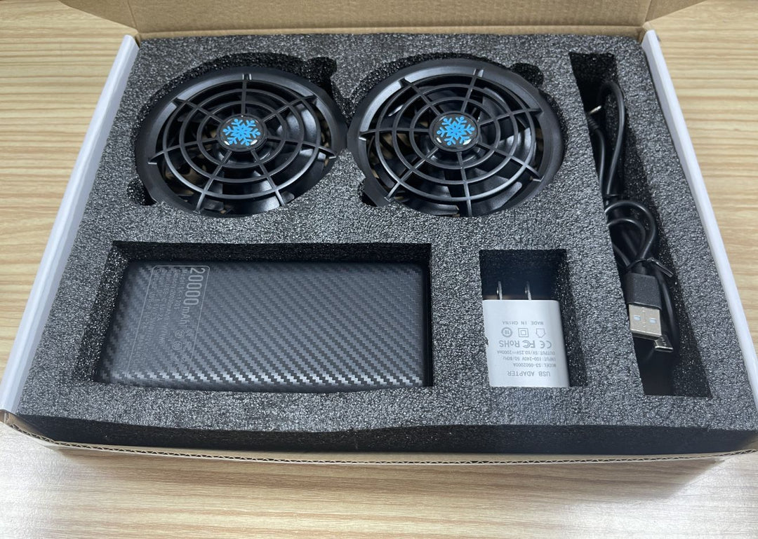 Unisex portable double USB cooling station with integrated power bank and USB charging adapter Bowlift