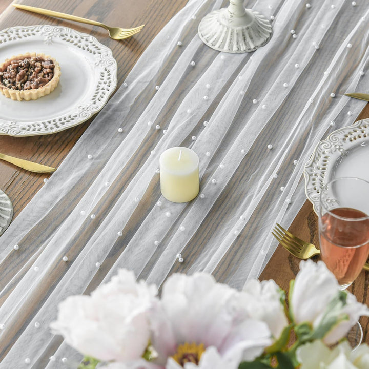 Elegant Table Runner with Pearl Detailing Bowlift