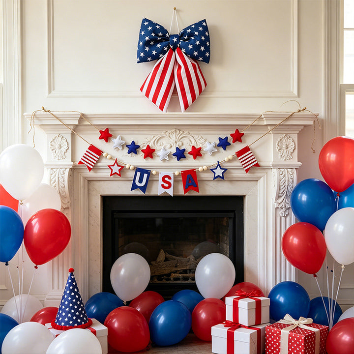 Women with large bow hair clip featuring patriotic star stripe motif Bowlift