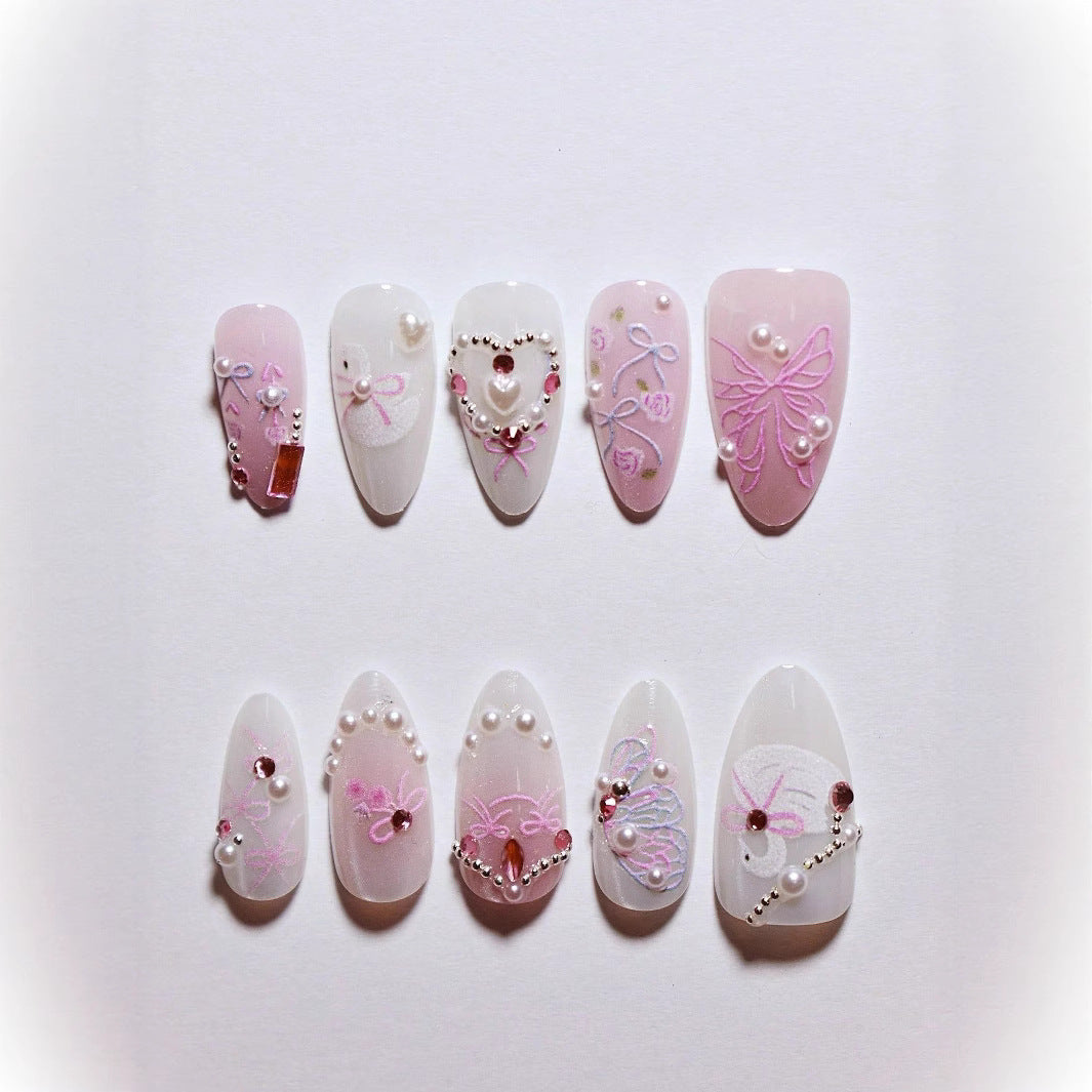 Decorative 3D Bow and Pearl Press-On Nail Art Bowlift