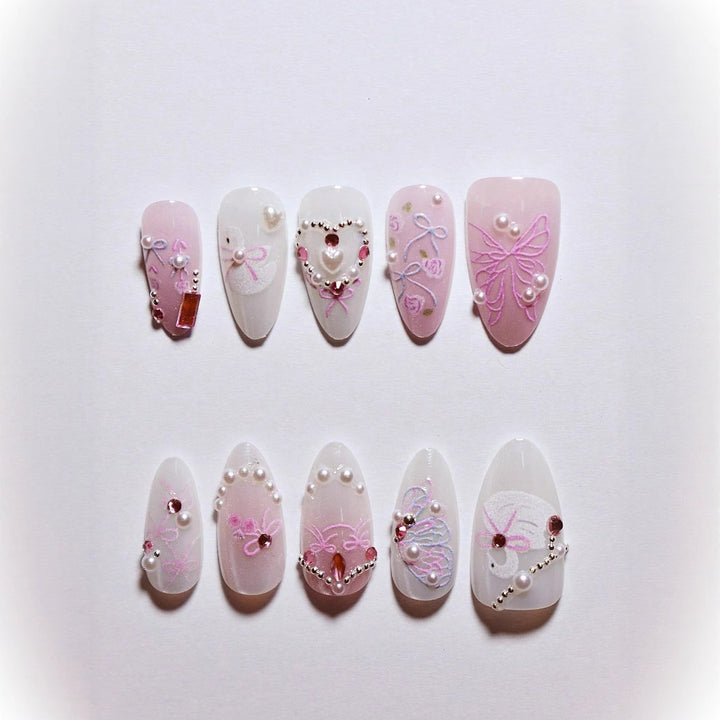 Decorative 3D Bow and Pearl Press-On Nail Art Bowlift