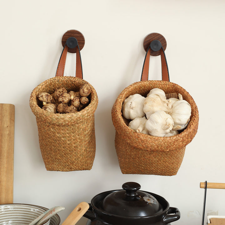 Handwoven Natural Storage Bin with Leather Trim Bowlift