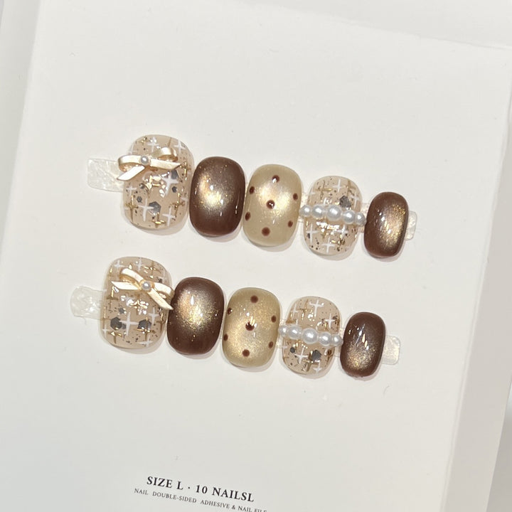Decorative Press-On Nail Set with Pearl and Bow Accents Bowlift