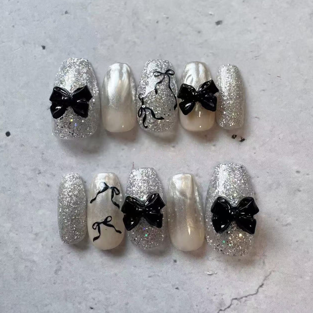Glittery Bow-Accent Press-On Nail Set Bowlift