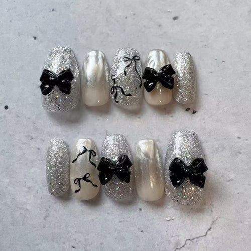 Glittery Bow-Accent Press-On Nail Set Bowlift