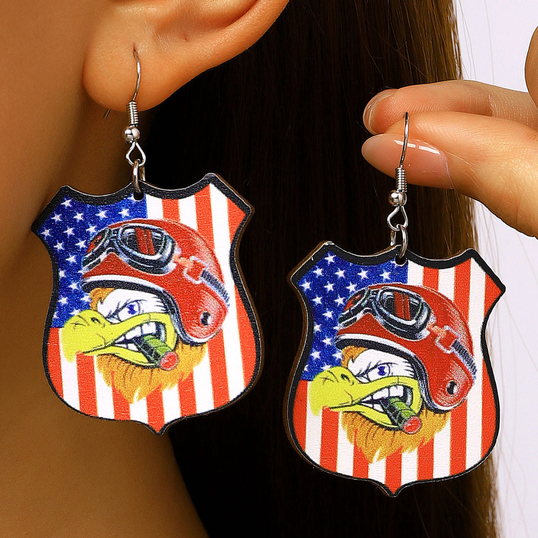 Women's nan patriotic novelty dangle hook earrings with laser-printed wooden fireworks charm Bowlift