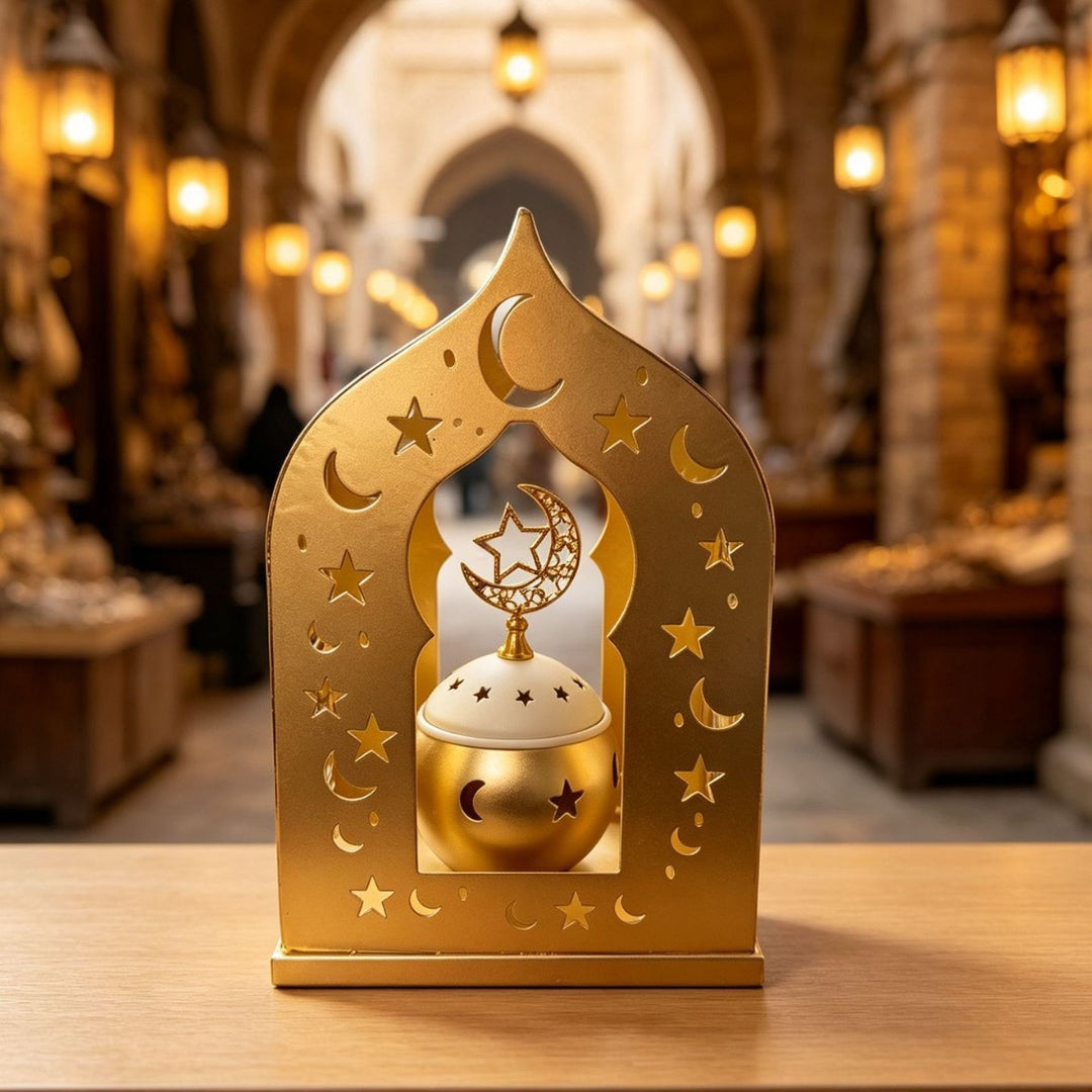 Ornate Metal Crescent-Star Tabletop Lantern with Rotating Incense Burner Bowlift