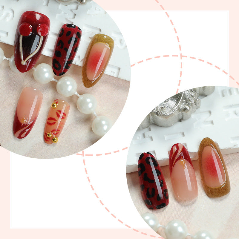 Decorative Press-On Nail Art Set with Luxurious Kiss and Leopard Inspired Designs Bowlift