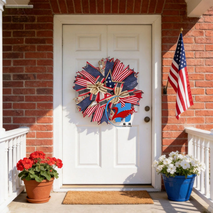 Unisex nan more patriotic front door wreath made of wood and jute ribbon with layered star and bow details Bowlift