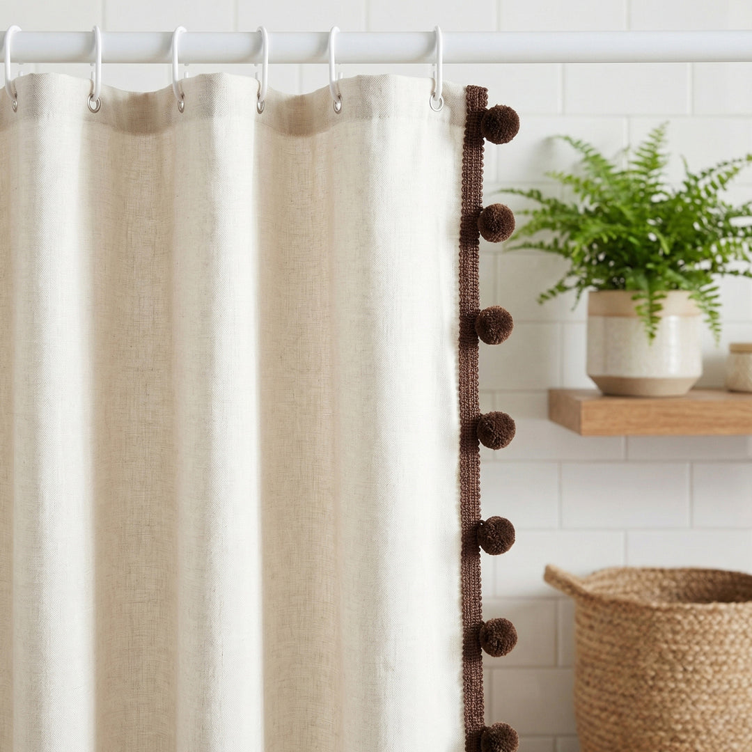 Textured Pom Pom Trim Shower Curtain Bowlift