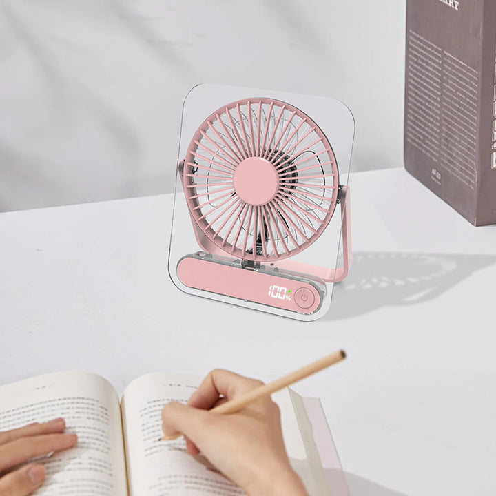 Cooling clear acrylic-framed rechargeable portable desk fan with digital battery percentage display and foldable handle Bowlift