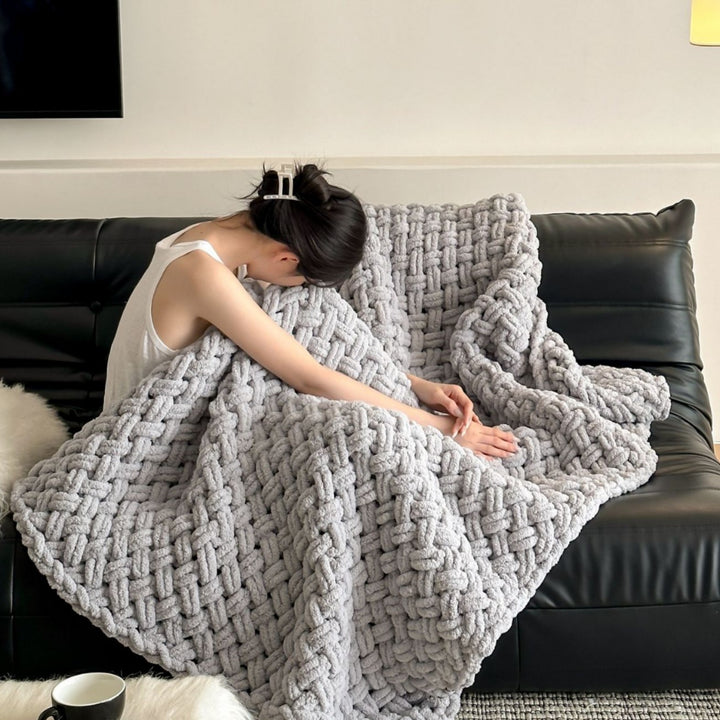 Handcrafted Chunky Knit Oversized Throw Blanket with Braided Open-Weave Texture