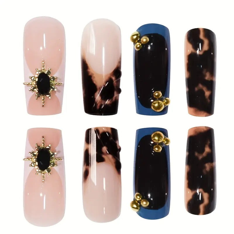 Artistic Patterned Press-On Nail Set with Decorative Elements Bowlift