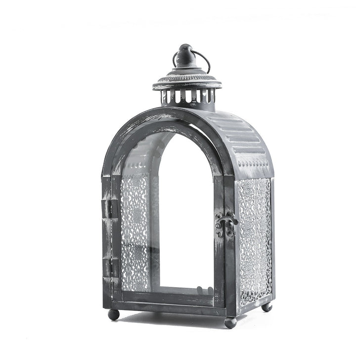 Antique-Style Arched Metal and Textured Glass Candle Lantern for Pillar Candles Bowlift