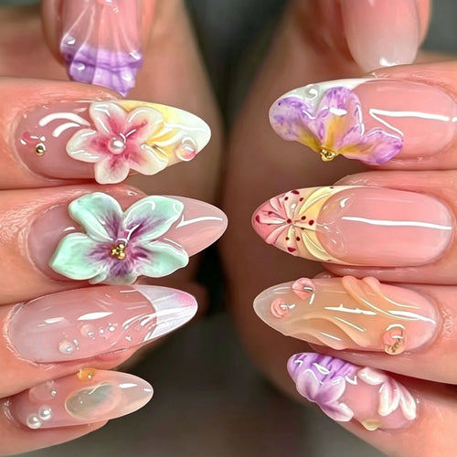 Artistic Floral Press-On Nail Set Bowlift