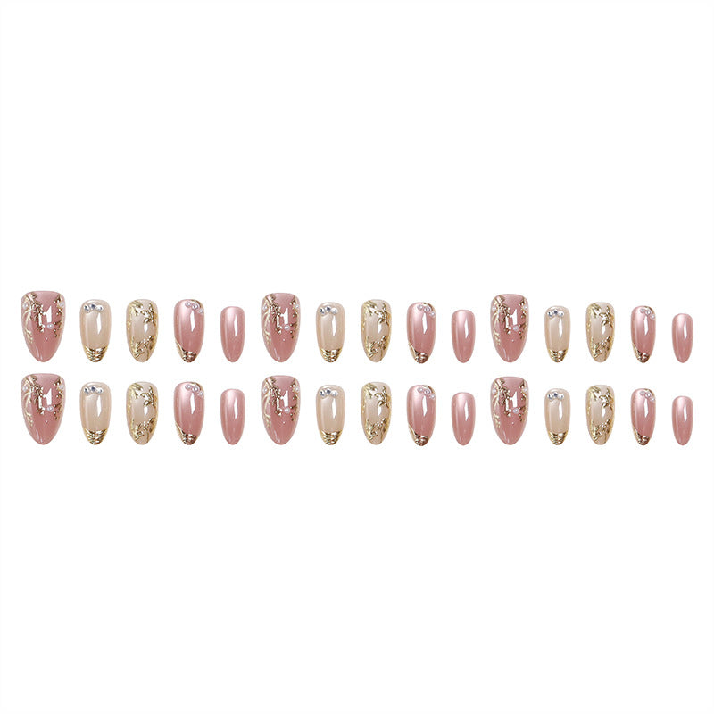 Artificial Nail Set with Elegant Gold Accent and Rhinestone Decorations Bowlift