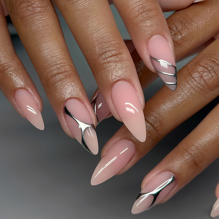 Elegant Stiletto Press-On Nail Set with Artistic Metal Accents Bowlift