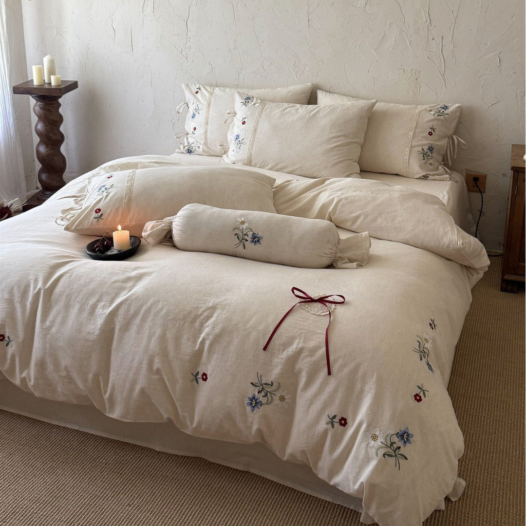 Embroidered Cotton-Linen Blend Duvet Cover Set with Bow-Tie Closures